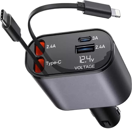 Terminal: 120W 4-in-1 Retractable Car Charger with Voltmeter, QC & PD Fast Charging, Dual USB