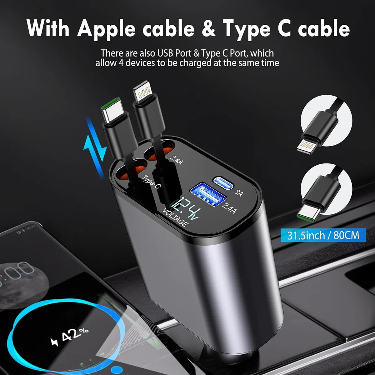 Terminal: 120W 4-in-1 Retractable Car Charger with Voltmeter, QC & PD Fast Charging, Dual USB