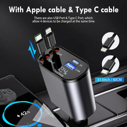 Terminal: 120W 4-in-1 Retractable Car Charger with Voltmeter, QC & PD Fast Charging, Dual USB