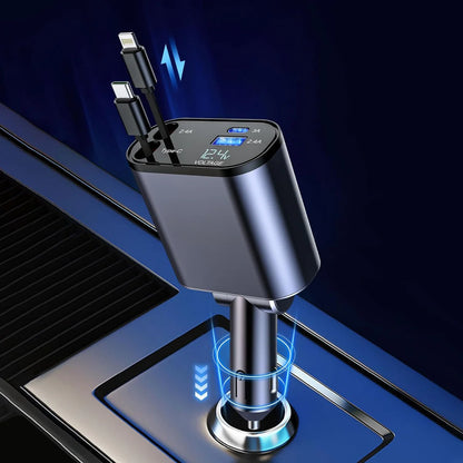 Terminal: 120W 4-in-1 Retractable Car Charger with Voltmeter, QC & PD Fast Charging, Dual USB